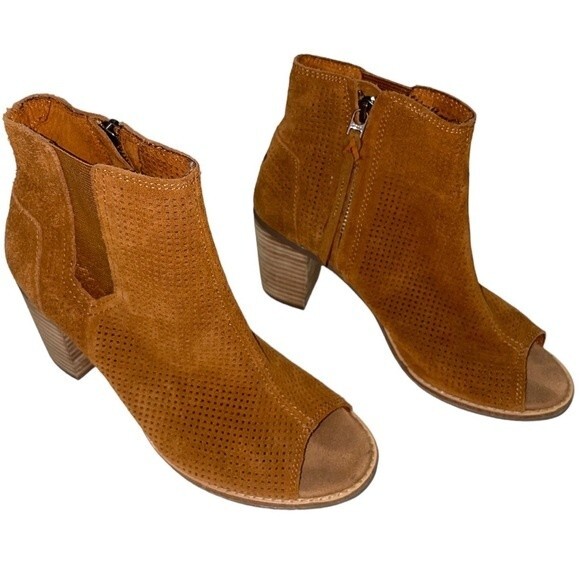 TOMS Suede Booties Open Peep Toe Majorca Size 7 Brown - Picture 1 of 6